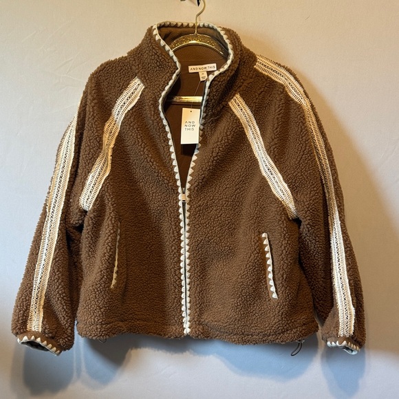 And Now This Jackets & Blazers - And Now This Sherpa Jacket NWT Small Petite Cozy Zip Up Fleece Brown Cream Trim